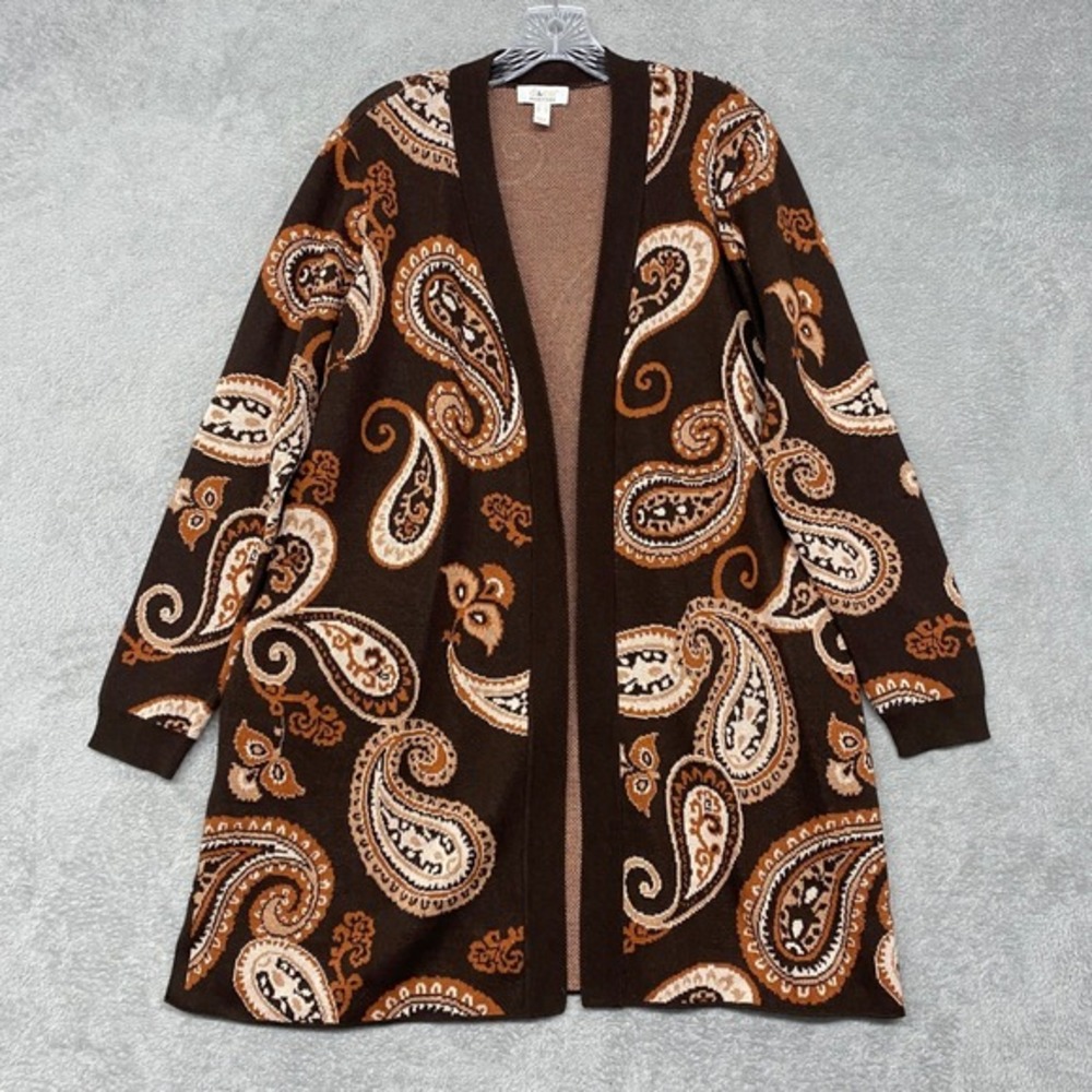 Denim‎ & Co  Cardigan Sweater Womens M Brown Heritage Paisley Open Front Pockets